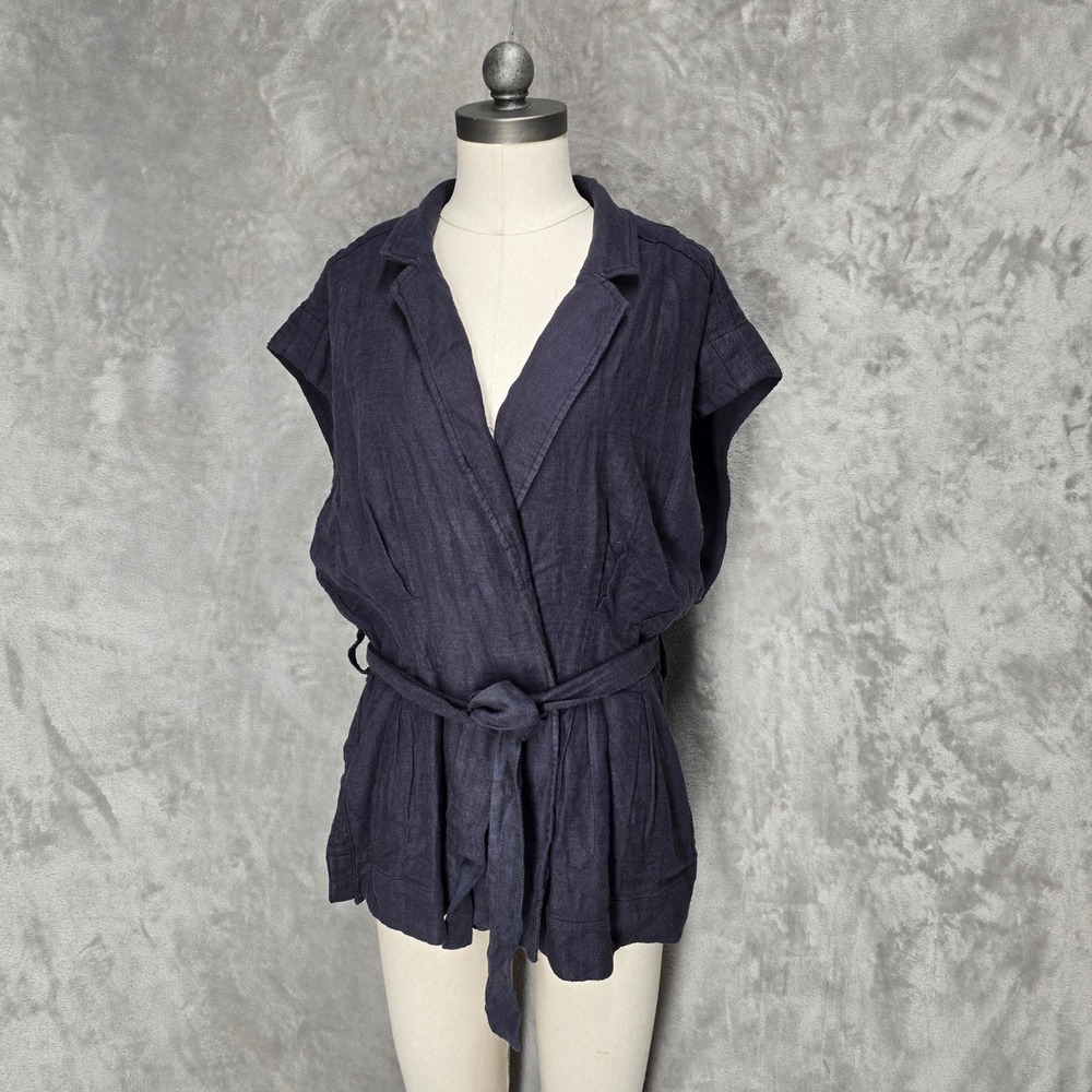 Anthropologie Wrap Vest Womens M Black Linen Blend Belted Coastal Minimalist